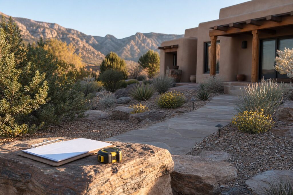 Clipboard and tape measure on a stone wall during a free quote visit at an Albuquerque home with desert plantings and a flagstone walkway