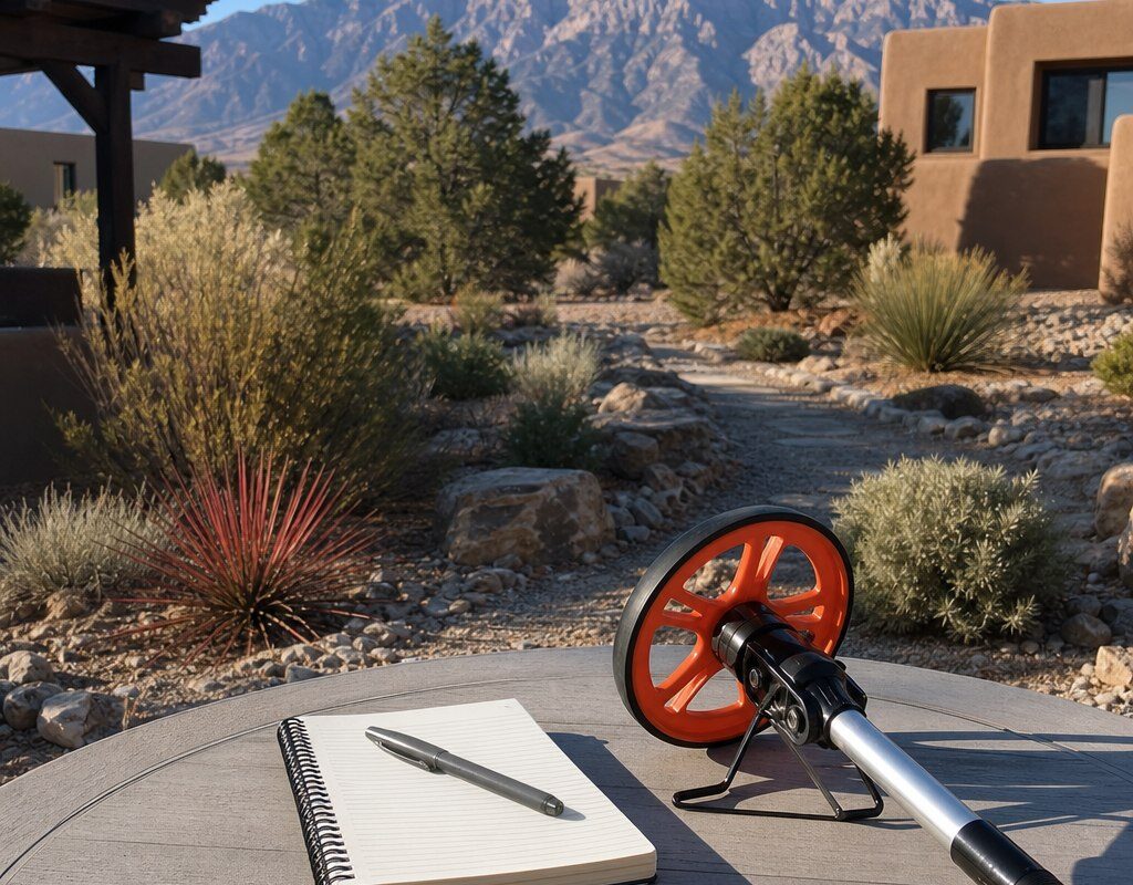 Notepad and measuring wheel on a patio table beside a gravel path and desert plantings during an Albuquerque property walkthrough